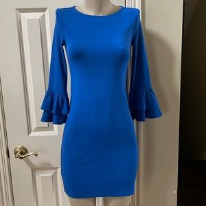 White House Black Market Blue Ruffle bell sleeve Dress, XXS